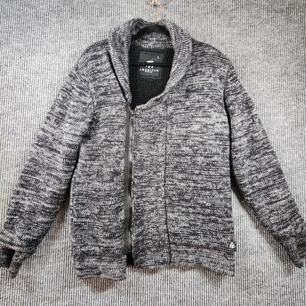American Stitch Sherpa Lined Sweater Jacket Mens Large Gray Full Zip Elbow Patch